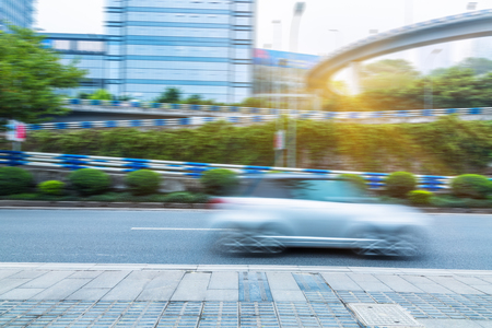 blurred motion traffic in the downtown districtの写真素材