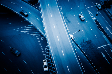 detail of traffic on chongqing caiyuanba overpass,blue toned image.の写真素材