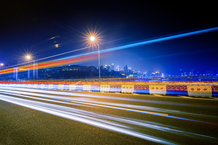 traffic light trail on bridge,chongqingの写真素材