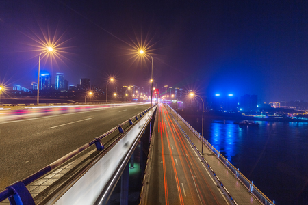 traffic light trail on bridge,chongqingの写真素材