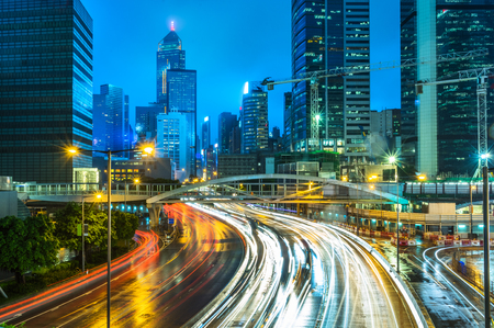 light trails in the downtown district,hongkong china.の写真素材