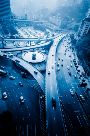 aerial view of traffic on chongqing caiyuanba overpass,blue toned imageのeditorial素材