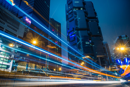 light trails in the downtown district,hongkong china.の写真素材