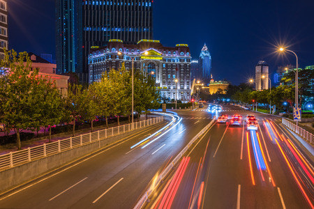 light trails in the downtown district,hongkong china.の写真素材