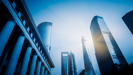 downtown district of shanghai,china,blue toned image.のeditorial素材