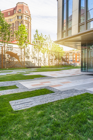 modern building outdoors with green lawnのeditorial素材