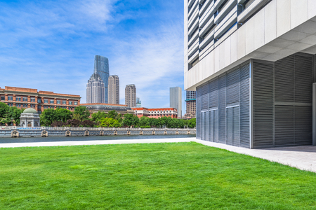 buildings and green lawnの写真素材