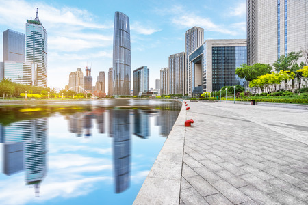 empty floor and city skyline under blue sky,tianjin chinaの写真素材
