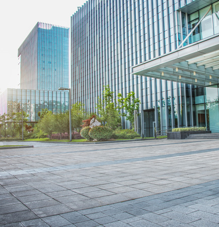 pavement front of financial buildingの写真素材