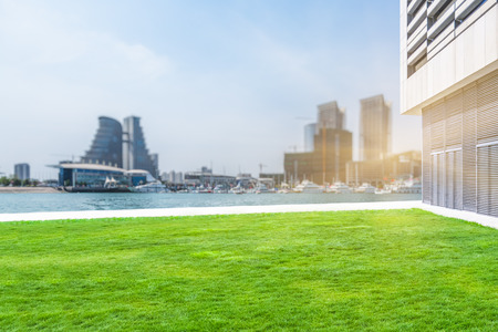 buildings and green lawnのeditorial素材