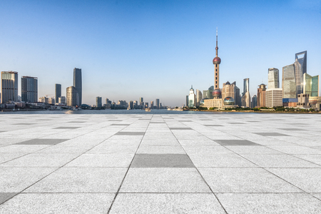 Empty brick floor with shanghai skyline and cityscape,china.の写真素材