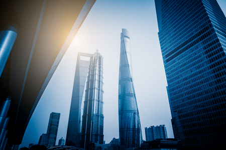 Shanghai Tower, Shanghai World Financial Center and Jin Mao Tower,tallest buildings in shanghai,blue toned,china,asia.のeditorial素材