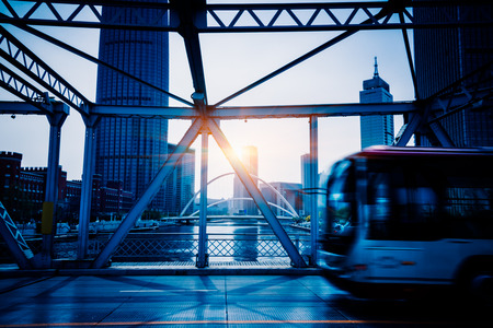cars driving on steel bridge of tianjin,china,asia.の写真素材