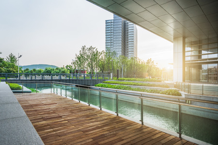 empty wooden floor with modern buildings background,shanghai,china.のeditorial素材