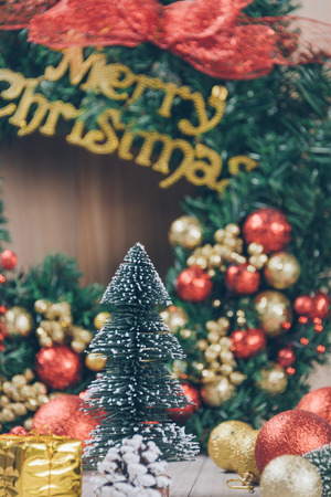 Christmas wreath with group of decorations.の写真素材