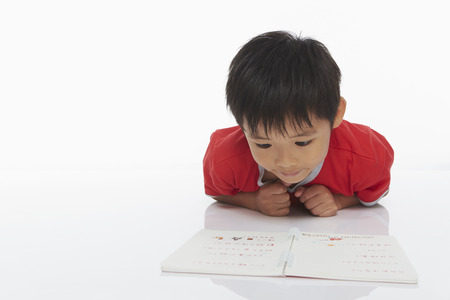 Boy lying on his front, studying