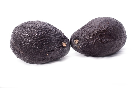 two black avocados on white backgroundの写真素材