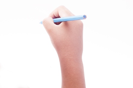 child holding pencil isolated on white backgroundの写真素材