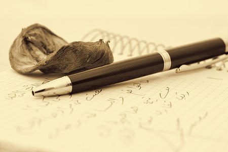 pen,pink, and letter with sepia tonedの写真素材