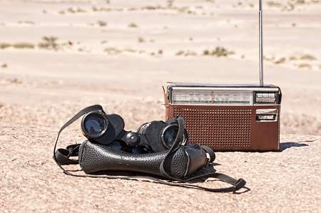 Old military binoculars vintage and radio, retro styleの写真素材