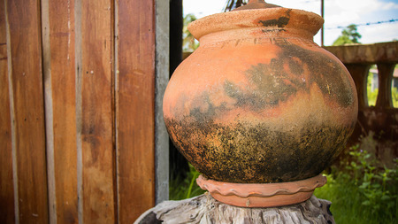Jar made of clay on seletive focusの写真素材