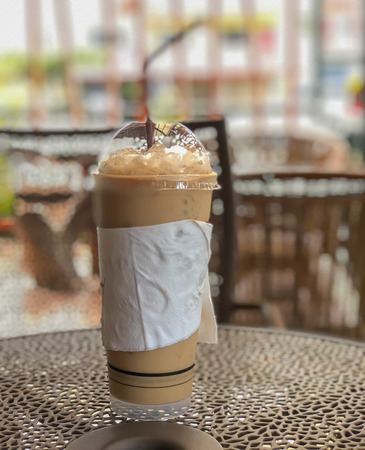 on selective focus of Cold glass of cocoa paste on the table.の写真素材