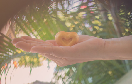 soft focus of  Young woman holding heart-shaped dessert concept is about giving love, each other.の写真素材