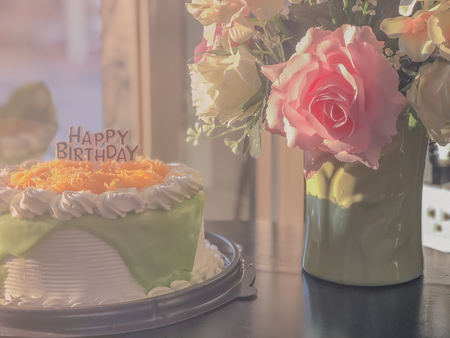 on selective focus of Cake for a birthday celebration with sweets on a pie plate Brownの写真素材