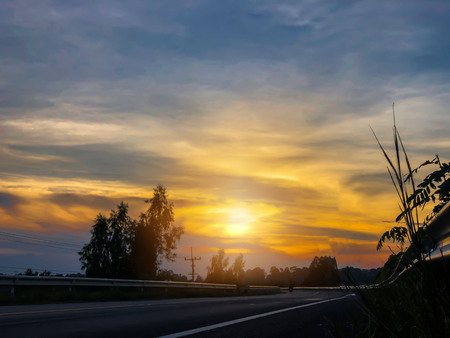 Silhouette of the road and trees of the sun light in the evening.の写真素材