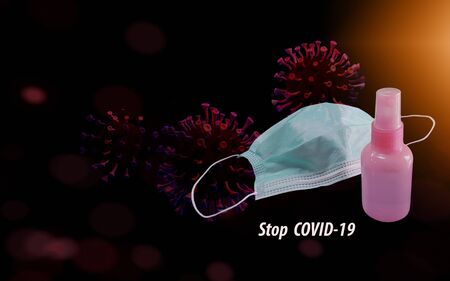 Masks and alcohol  on background image The shape of the virus Covid-19 created by the program 3d rendering. A viral  infection COVID-19 family of corona viruses. Very small Can not be seen with the naked eye. Or by microscopic common.の写真素材