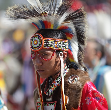 SAN BERNARDINO, CALIFORNIA - OCTOBER 13: The San Manuel Band of Indians hold their annual Pow Wow on October 13, 2012 in San Bernardino. Dances include the Grass, Chicken and Fancy dances. のeditorial素材