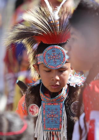 SAN BERNARDINO, CALIFORNIA - OCTOBER 13: The San Manuel Band of Indians hold their annual Pow Wow on October 13, 2012 in San Bernardino. Dances include the Grass, Chicken and Fancy dances. のeditorial素材