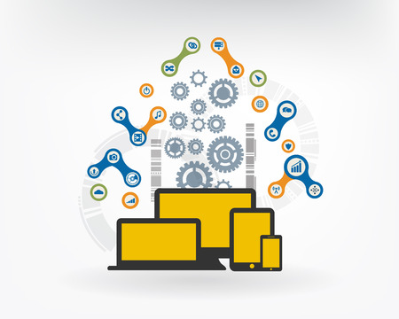 Cloud Computing Concept with integrated metaballs, icon for digital, internet, network, connect, communicate, technology, global concepts. Vector interactive illustrationのイラスト素材