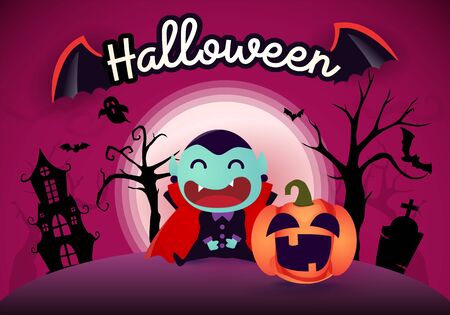Halloween background with pumpkin Dracula and the moon. Vector illustrationの写真素材