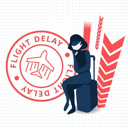 Flight delayed, postponed, canceled. woman is very upset. Illustration, vector, flatのイラスト素材