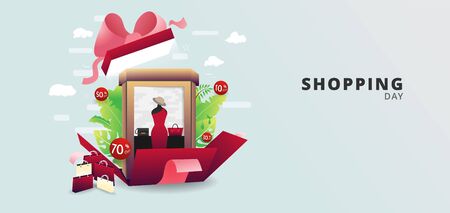 Shopping concept : Opened gift box with pink bow. Red dresses in a luxury shop with Red Discount Ball.のイラスト素材