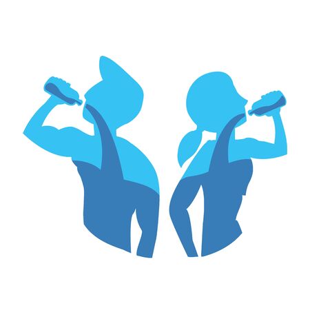 healthy lifestyle concept: Silhouette of body man and woman drinking water from bottle.のイラスト素材