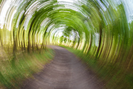 A captivating, blurred pathway surrounded by lush green trees, evoking a sense of motion and tranquilityの写真素材