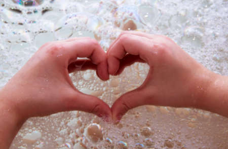 hands in the shape of heart, foam in a bathroom, soap water, I like to bathe, take a bath