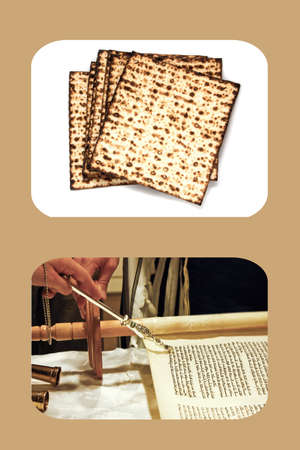 Jewish matzah bread decomposed fan on a white background, and the Torah scroll, the hand with the pointer, beige backgroundの写真素材