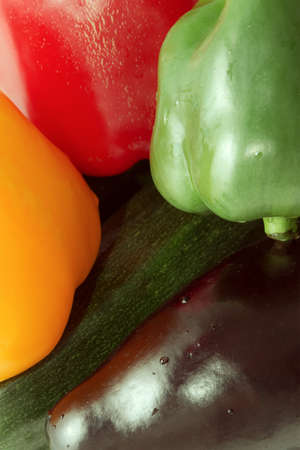 red pepper, yellow, green, zucchini, eggplant, close photographed, vegetablesの写真素材