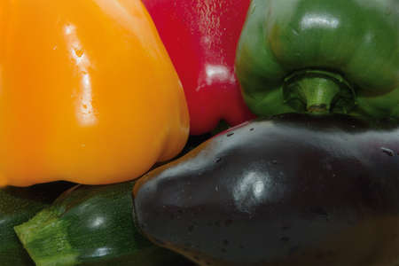 red pepper, yellow, green, zucchini, eggplant, close photographed, vegetablesの写真素材