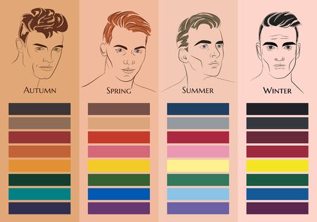 Seasonal color analysis. Set of vector hand drawn men with different types of male appearance. Best colors for Autumn, Spring, Summer, Winterのイラスト素材