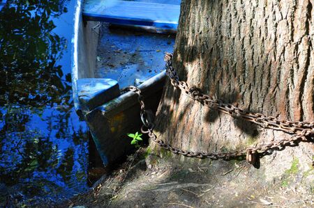 river shore with a boat on the waterの写真素材