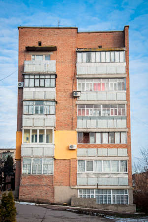 a five-story brick house typical of post-Soviet Eastern Europeのeditorial素材
