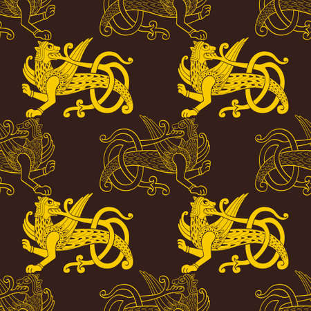 Seamless vector pattern with ancient Slavic symbol Simargl or Chernihiv Beast for your projectのイラスト素材