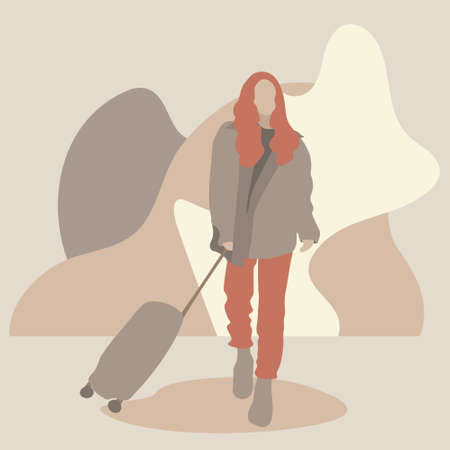Stock vector woman with a suitcase made in a flat design on the background of abstract geometric shapes. Quality image for your projectのイラスト素材