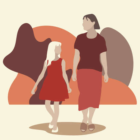 Mom with little daughter on a walk against the abstract geometric shapes. Flat vector illustration. The concept of motherhood.のイラスト素材