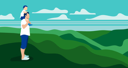 Dad holds his little son on his shoulders on top of mountain against mountain ranges and sky. Flat vector illustration. The concept of fatherhood.のイラスト素材