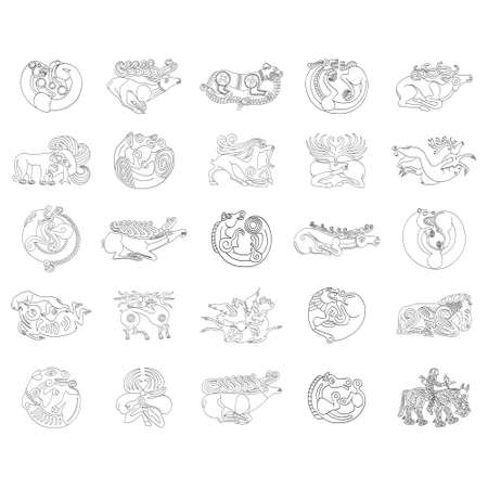 vector monochrome icon set with ancient Scythian art. Plaques with animal motifs for your projectのイラスト素材